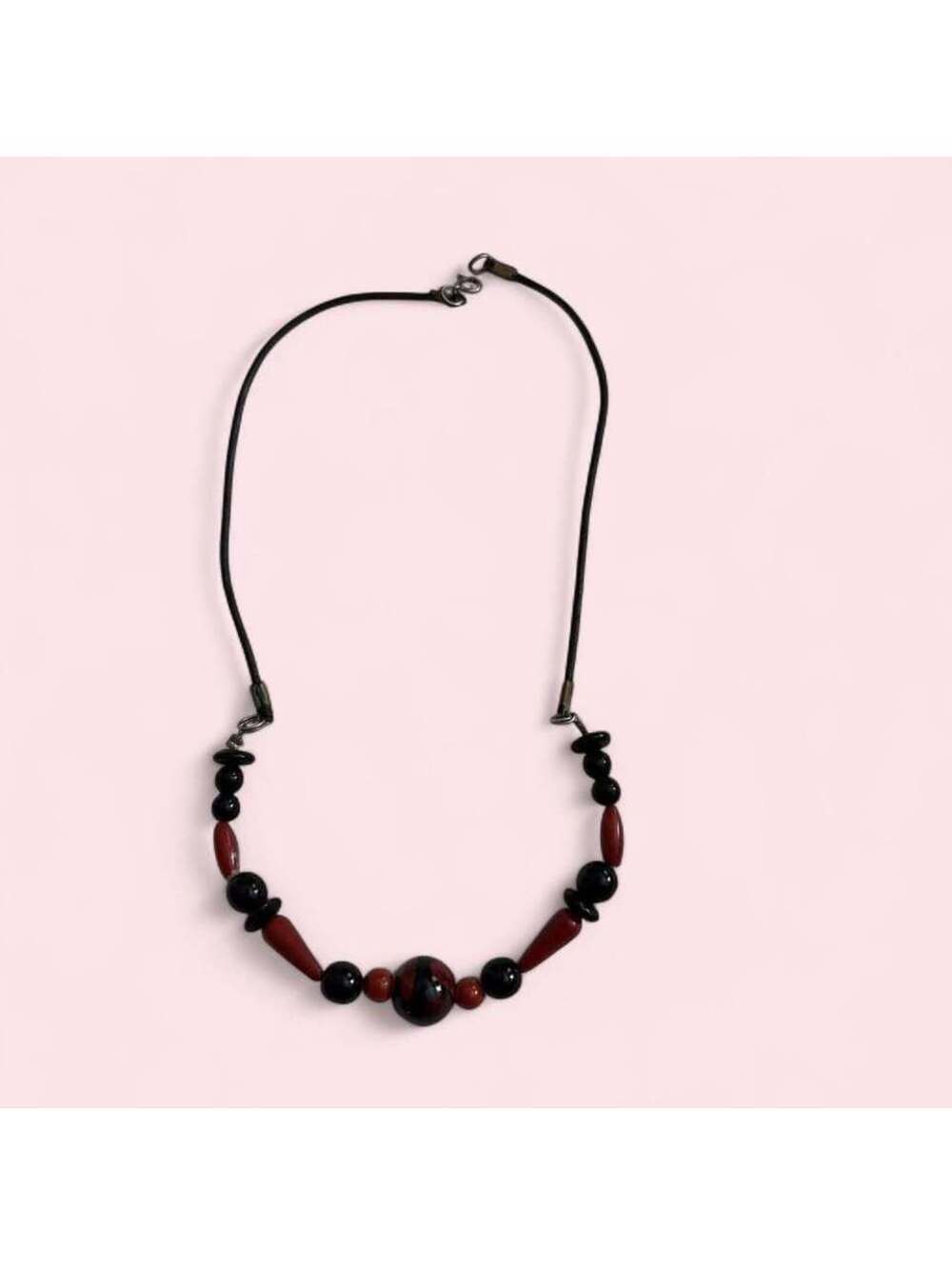 Vintage Black and Red Beaded Necklace with Leather Cord
